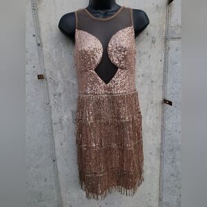 SHEIN Sequin Rose Gold Fringe Zipper Dress size SMALL